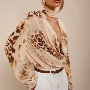 Sexy Women's Elegant Resort Leopard Print Chiffon Ruffled Collar Blouse